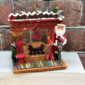 Vintage Ceramic Votive Candle Holder Santa Claus‎ Fireplace Tea Light Christmas